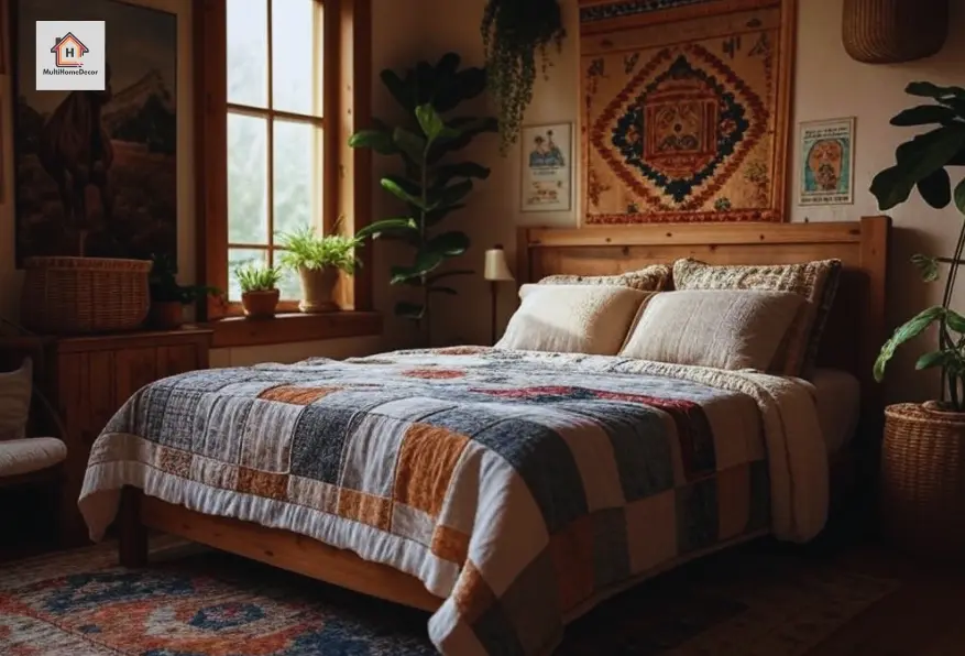 Cozy boho bedroom with patchwork quilt, wooden bed, and lush green indoor plants.